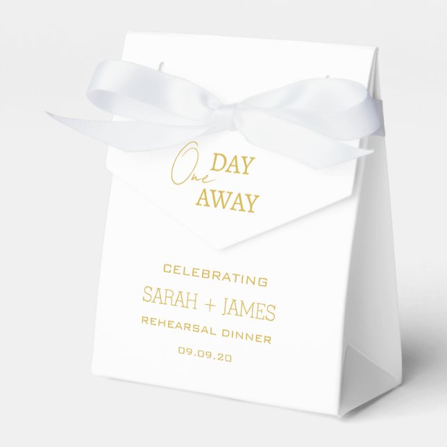 Gold & White One Day Away Rehearsal Dinner Wedding Favour Box (Front Side)