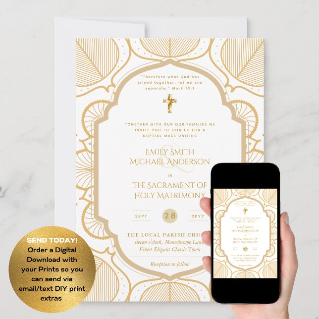 Gold White Ornate Catholic Nuptial Mass Wedding Invitation (Creator Uploaded)
