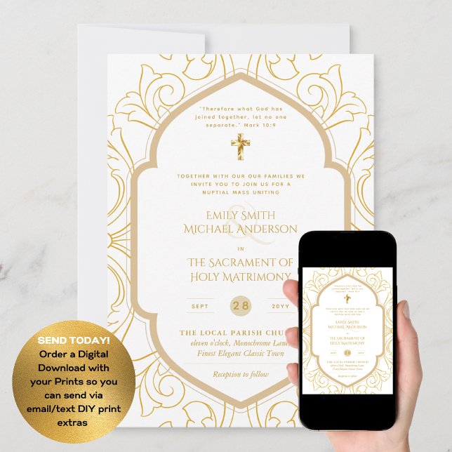 Gold White Ornate Catholic Nuptial Mass Wedding Invitation (Creator Uploaded)