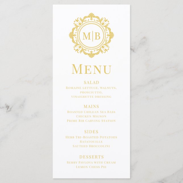 Gold White Ornate Floral Monogram Wedding Menu (Front)