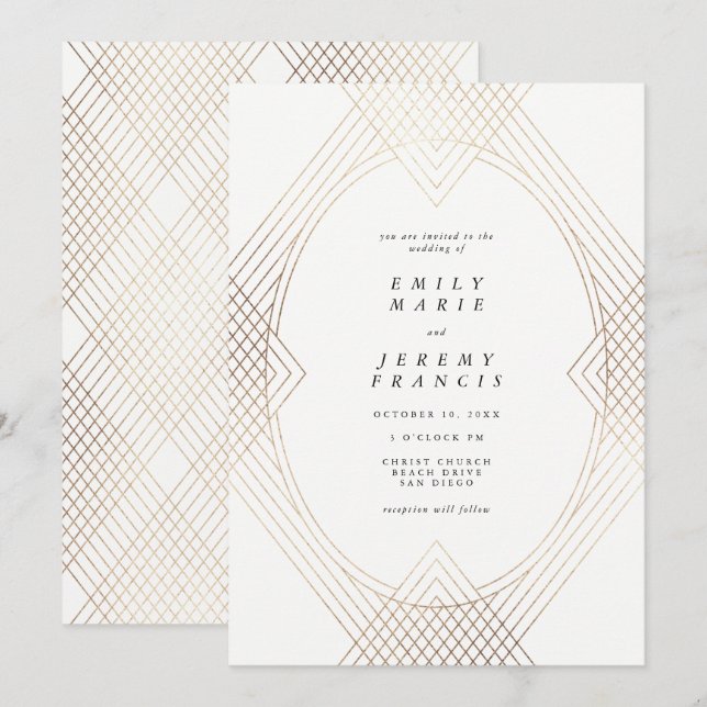 Gold White Oval Geometric Art Deco Gatsby Wedding Invitation (Front/Back)