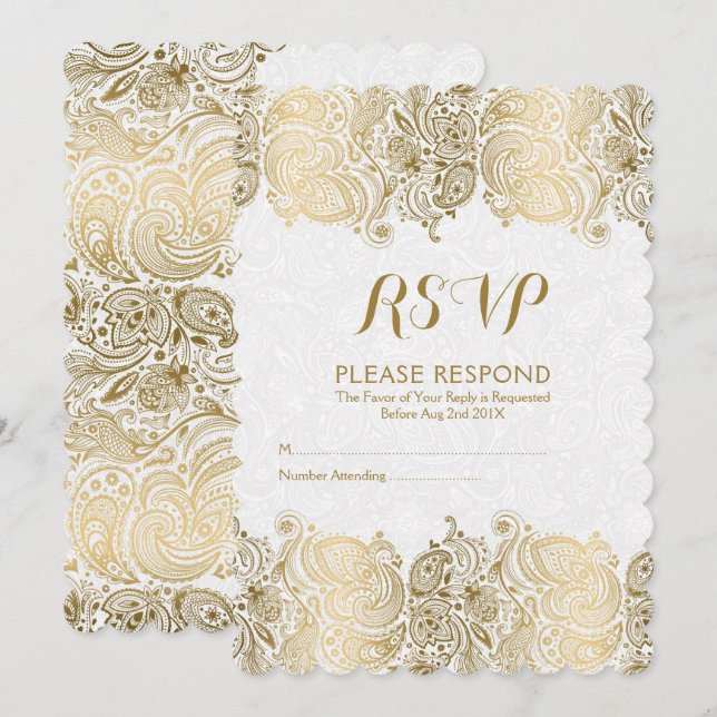 Gold & White Paisley Lace RSVP Invitation (Front/Back)