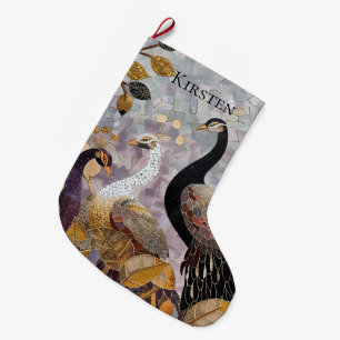 Gold White Peacocks Christmas Name Large Christmas Stocking