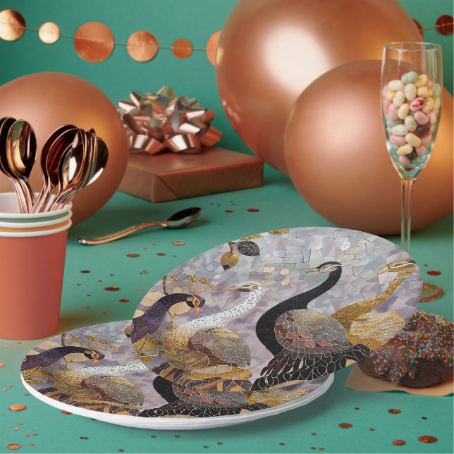 Gold White Peacocks Christmas Paper Plate (Multi)