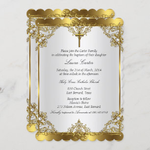 Gold White Pearl Cross Baptism Christening 2 Invitation