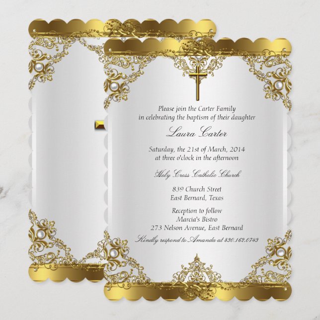 Gold White Pearl Damask Cross Baptism Christening Invitation (Front/Back)
