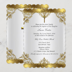 Gold White Pearl Damask Cross Baptism Christening Invitation