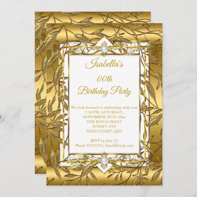 Gold White Pearl Damask Floral Birthday Party Invitation (Front/Back)