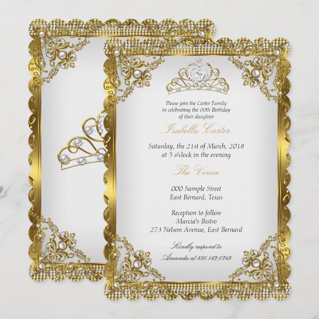 Gold White Pearl Lace Damask Tiara Birthday Party Invitation (Front/Back)