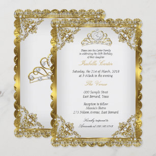 Gold White Pearl Lace Damask Tiara Birthday Party Invitation