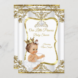 Gold White Pearl Princess Baby Shower Brunette Invitation