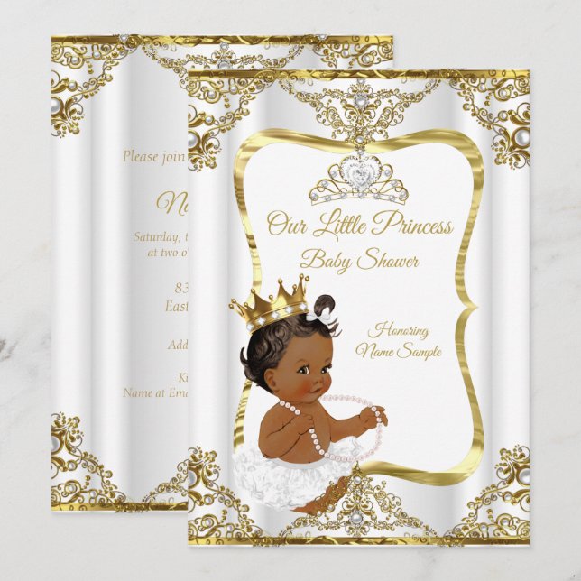 Gold White Pearl Princess Baby Shower Ethnic Invitation (Front/Back)