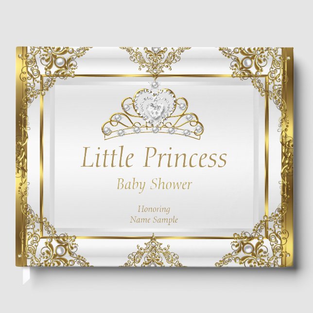 Gold White Pearl Princess Baby Shower Guest Book (Front)