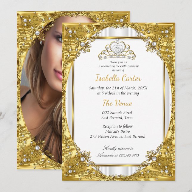 Gold White Pearl Tiara Photo Birthday Party Invitation (Front/Back)