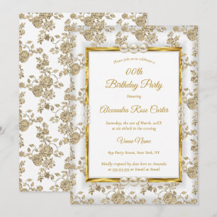 Gold White Pearl Vintage Damask Rose Birthday Invitation