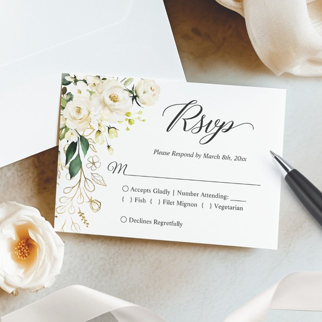 Gold White Peony Floral Wedding Meal Reply RSVP Card (Creator Uploaded)