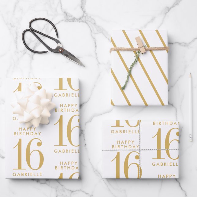 Gold White Personalised Custom Age  Wrapping Paper Sheet (Front)