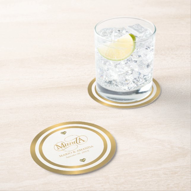Gold White Personalised Wedding Monogram Round Paper Coaster (Insitu)