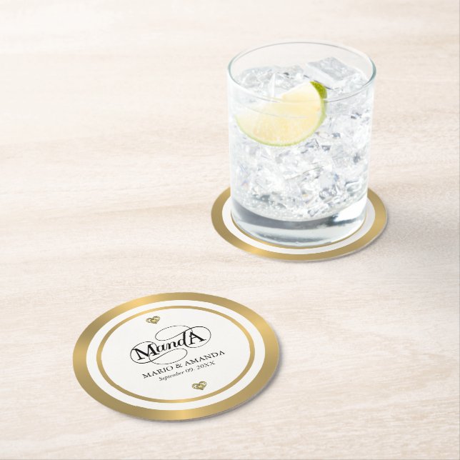 Gold White Personalised Wedding Monogram Round Paper Coaster (Insitu)