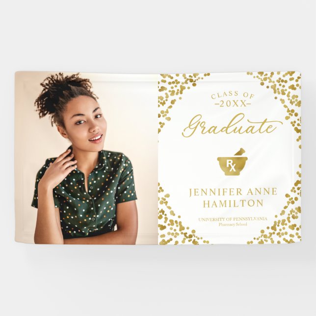 Gold White Pharmacy School Graduation Photo Banner (Horizontal)