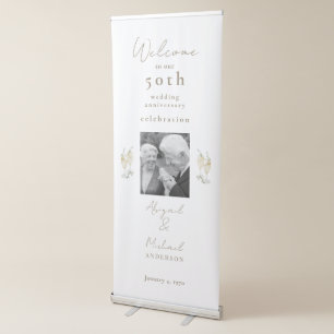 Gold & White Photo 50th Anniversary Party Welcome  Retractable Banner