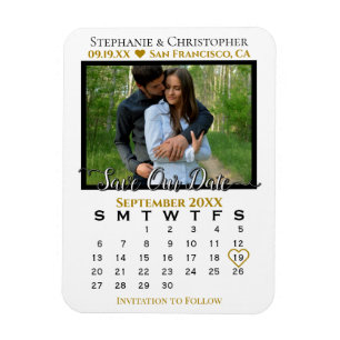 Gold & White Photo Calendar Save Our Date Wedding Magnet