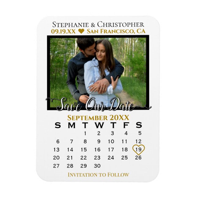 Gold & White Photo Calendar Save Our Date Wedding Magnet (Vertical)