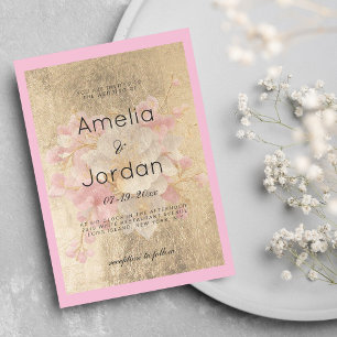 Gold white pink cherry blossom floral wedding invitation