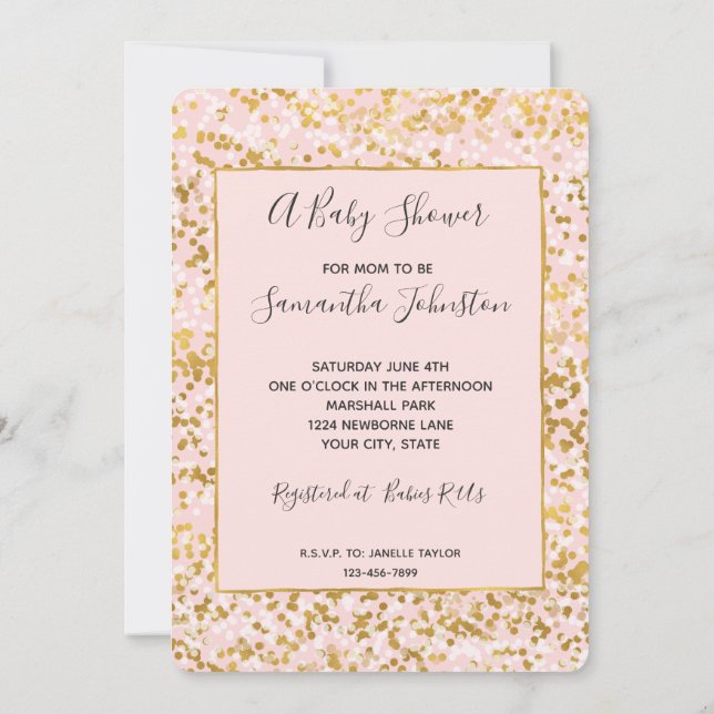 Gold White Pink Confetti Baby Shower Invitation (Back)