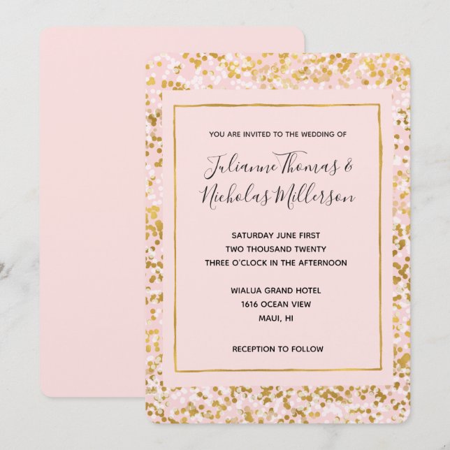 Gold White Pink Confetti Wedding Invites (Front/Back)