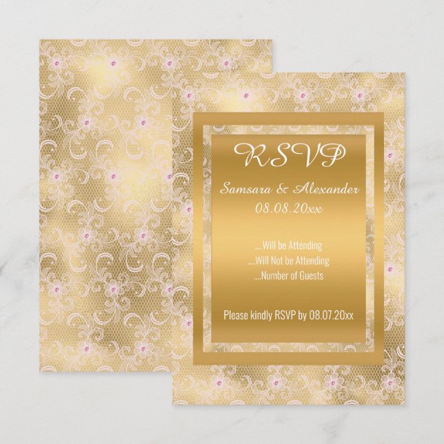Gold White Pink Lace Simple All Occassion RSVP Invitation (Front/Back)