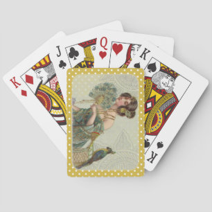Gold & White Polka Dot Vintage Lady and Parrot Playing Cards