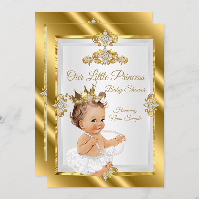 Gold White Princess Baby Shower Brunette Invitation (Front/Back)