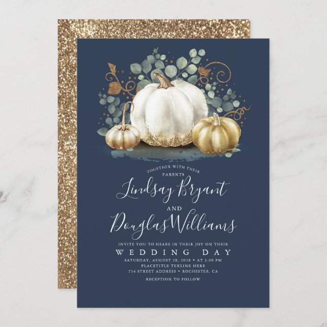 Gold White Pumpkins Rustic Navy Blue Fall Wedding Invitation (Front/Back)