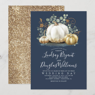 Gold White Pumpkins Rustic Navy Blue Fall Wedding Invitation