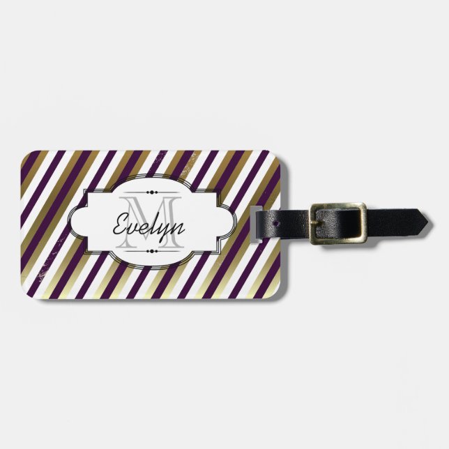 Gold, White, Purple Stripe Glimmer Luggage Tag (Front Horizontal)