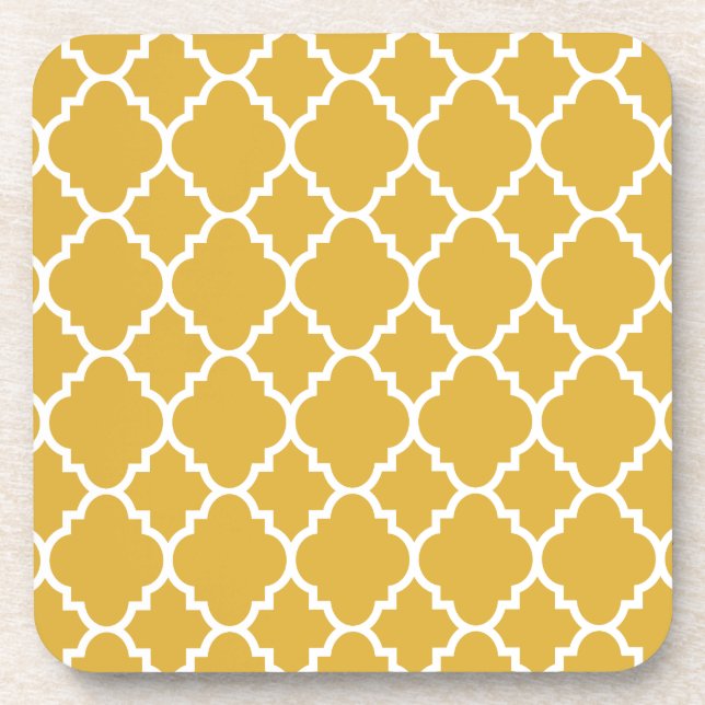 Gold White Quatrefoil Moroccan Pattern Coaster (Front)