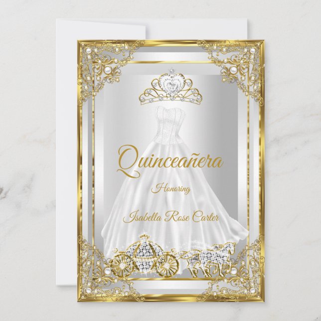 Gold White Quinceanera Dress tiara carriage Invitation (Front)