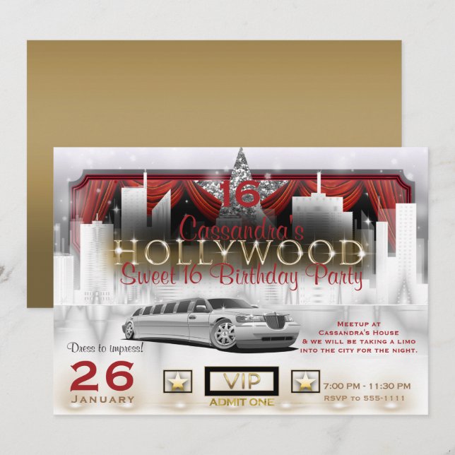 Gold White & Red City Lights Limo Hollywood Party Invitation (Front/Back)