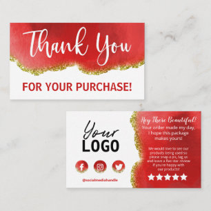Gold White Red Glitter Agate Thank You Order Business Card