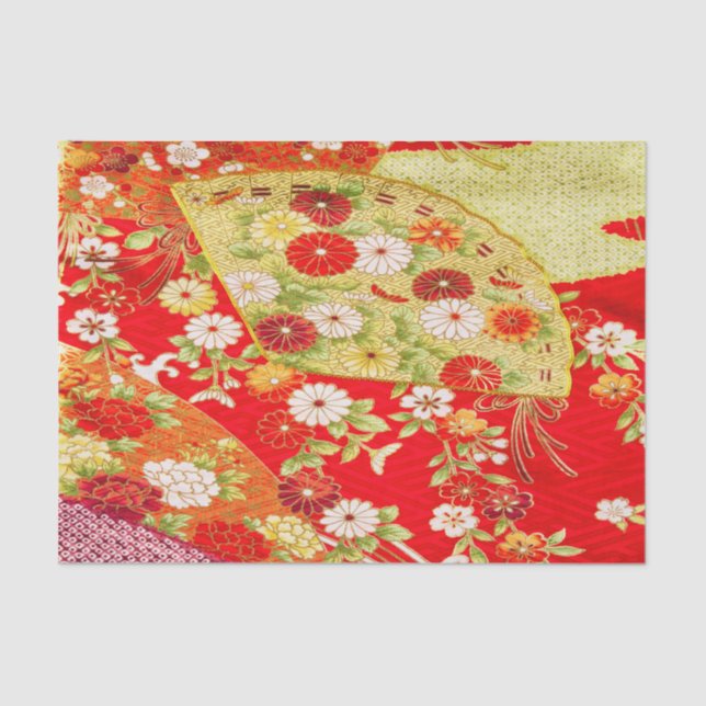 Gold White Red Japanese Kimono Floral Decoupage Tissue Paper (Front)