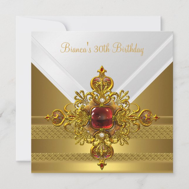 Gold White Red Jewel 30th Birthday Party Invitation (Front)