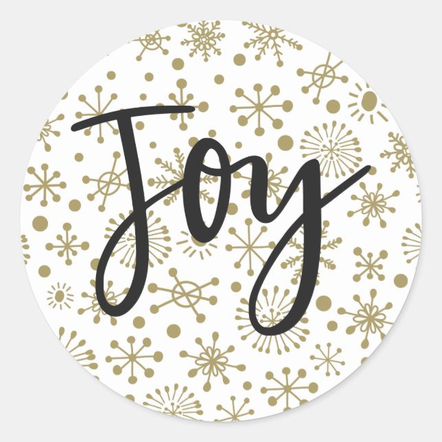 Gold & White Retro Snowflakes Holiday JOY Favour Classic Round Sticker (Front)