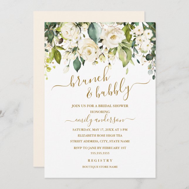 Gold White Rose Brunch And Bubbly Bridal Shower Invitation (Front/Back)