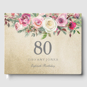 Gold White Rose Floral 80th Birthday Guest Book