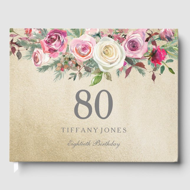 Gold White Rose Floral 80th Birthday Guest Book (Front)