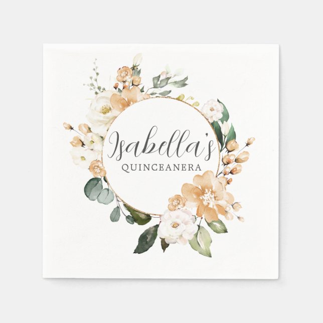 Gold White Rose Floral Personalised Quinceanera Napkin (Front)