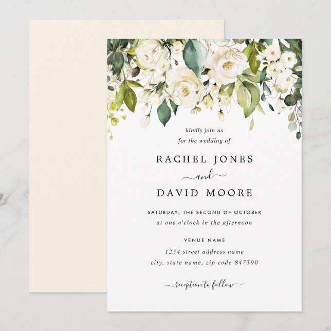 Gold White Rose Wedding Invitation (Front/Back)