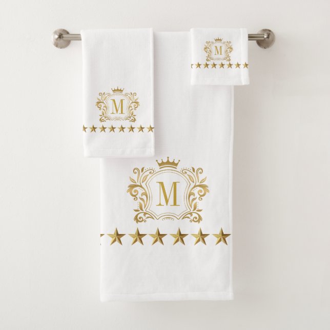 Gold White Royal Scrolls Crown Crest Monogram Bath Towel Set (Insitu)