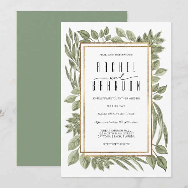 Gold White Sage Green Greenery Watercolor Wedding Invitation (Front/Back)